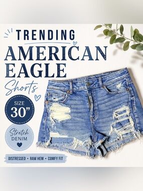 American Eagle Distressed Denim Shorts Raw Hem Stretch size 8